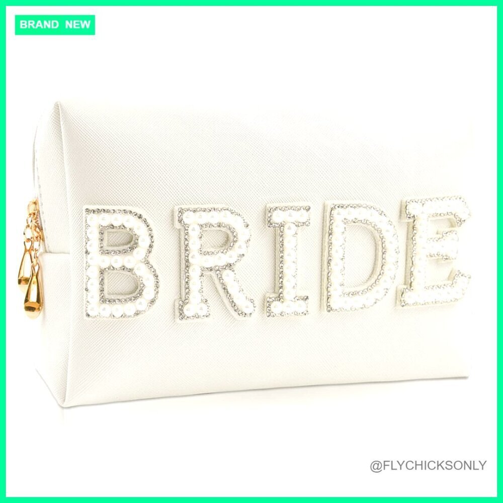 White Pearl Rhinestone BRIDE Makeup Bag Travel Toiletry Pouch